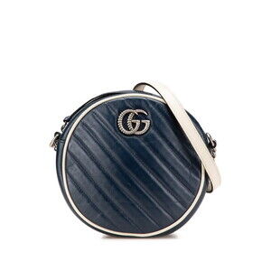 Gucci GG Marmont Chain Shoulder Bag Navy Blue White Leather